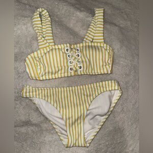 Yellow and White Striped Bikini with Square Neckline